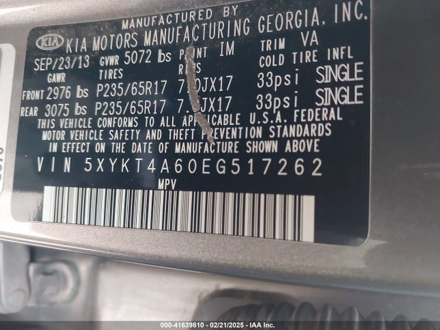 5XYKT4A60EG517262 KIA SORENTO LX