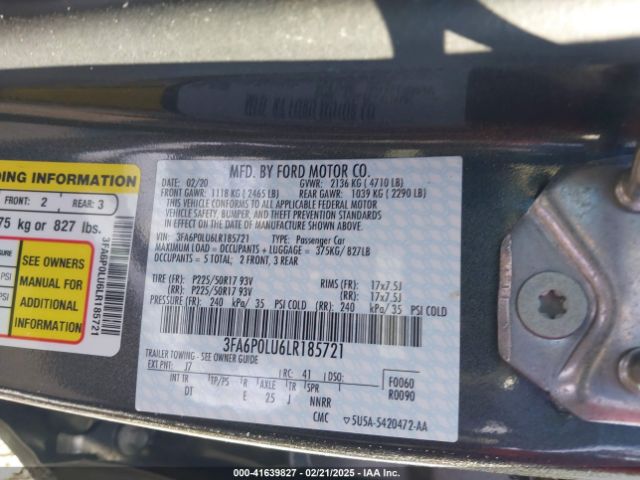 3FA6P0LU6LR185721 Ford Fusion Hybrid Se