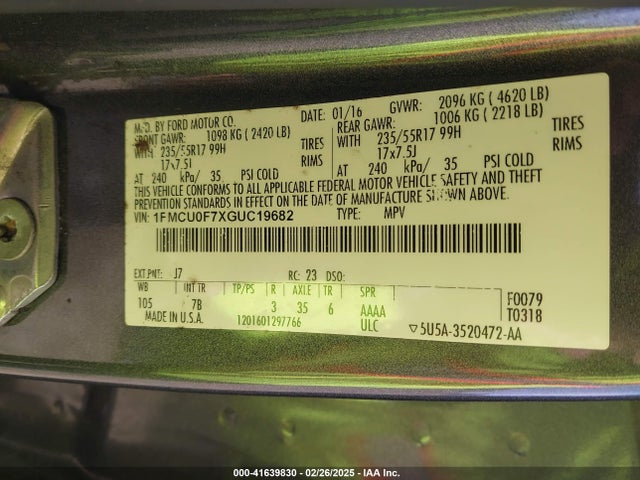 Ford ESCAPE S 2016 1FMCU0F7XGUC19682 Image 9