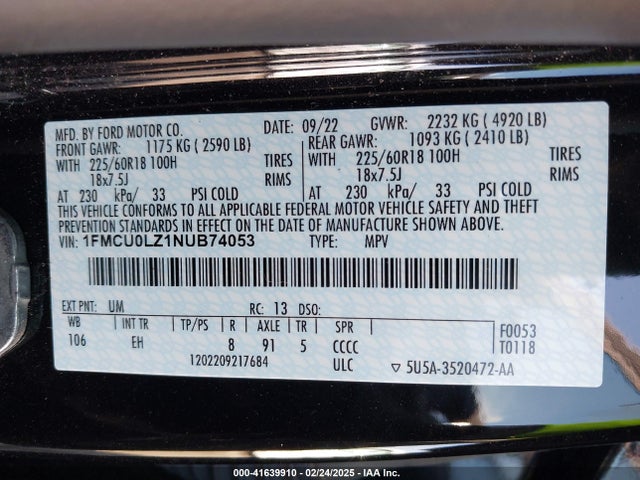 1FMCU0LZ1NUB74053 Ford Escape Titanium Plug-in Hybrid