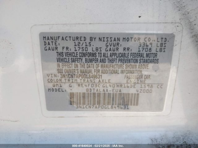 3N1CN7AP0GL849631 Nissan Versa 1.6 S