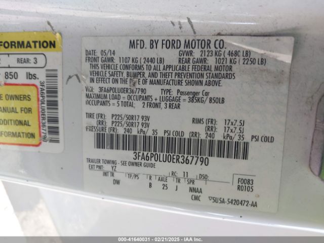 3FA6P0LU0ER367790 Ford Fusion Hybrid Se