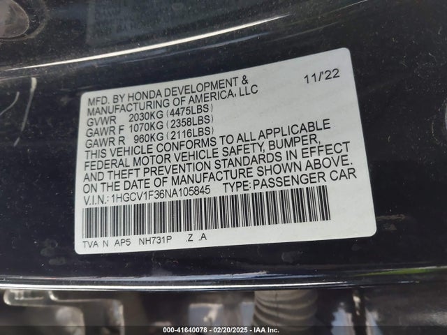 1HGCV1F36NA105845 Honda Accord Sport