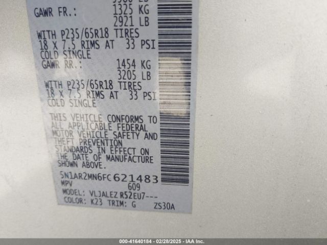 5N1AR2MN6FC621483 Nissan Pathfinder Platinum/s/sl/sv