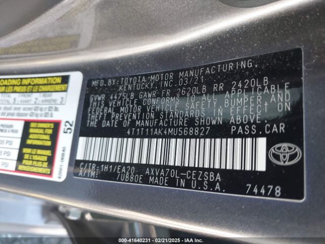 4T1T11AK4MU568827 Toyota CAMRY SE