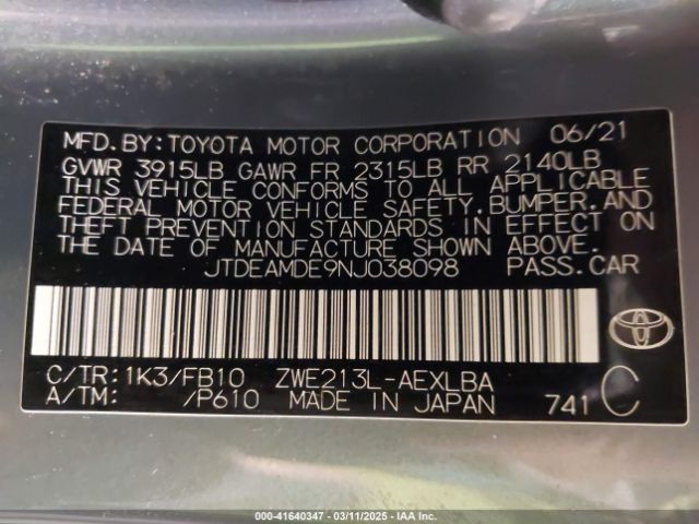JTDEAMDE9NJ038098 Toyota Corolla Hybrid Le