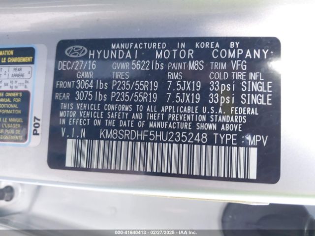 KM8SRDHF5HU235248 Hyundai Santa Fe Limited Ultimate