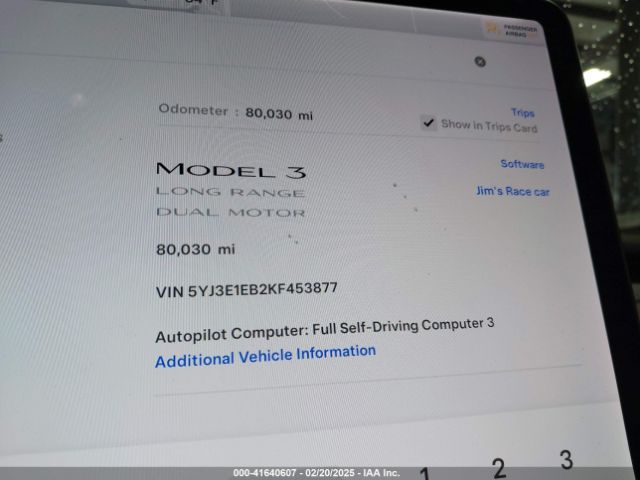 5YJ3E1EB2KF453877 Tesla Model 3 Long Range/performance
