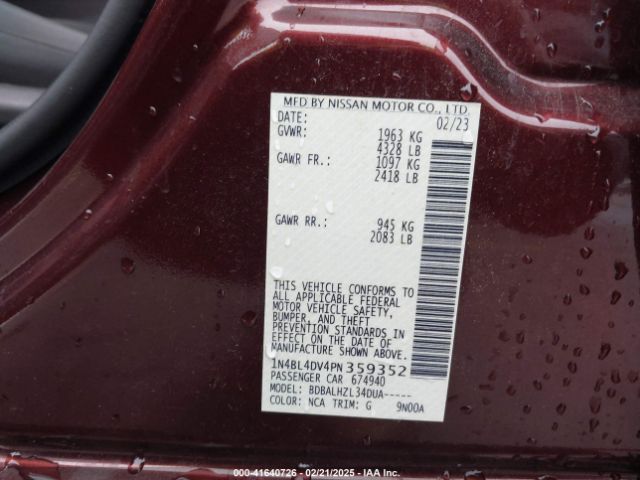 1N4BL4DV4PN359352 Nissan Altima Sv Fwd