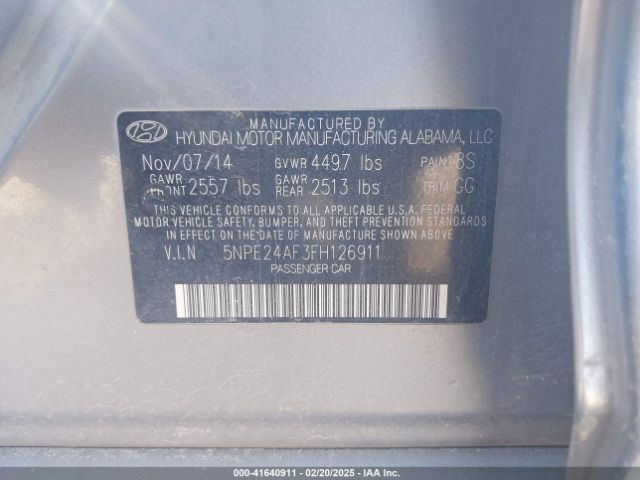 5NPE24AF3FH126911 Hyundai SONATA SE