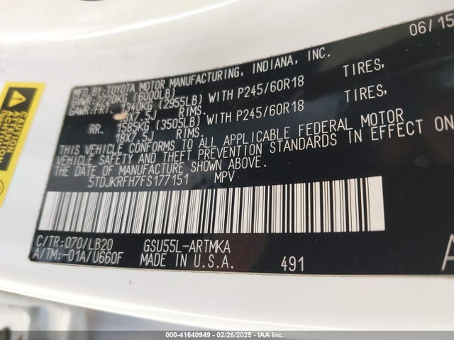 Toyota Highlander Xle V6 2015 5TDJKRFH7FS177151 Image 9