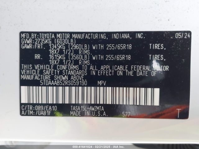 5TDAAAB52RS059190 Toyota Grand Highlander Xle