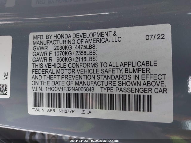 1HGCV1F32NA066848 Honda Accord Sport