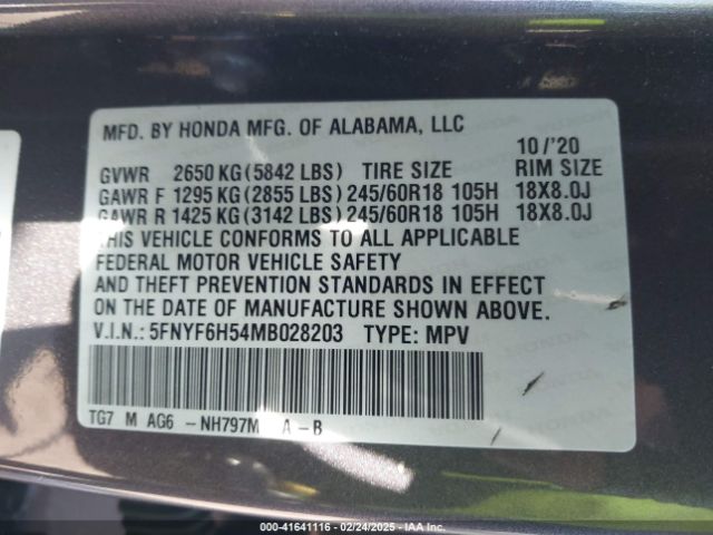 5FNYF6H54MB028203 Honda Pilot Awd Ex-l