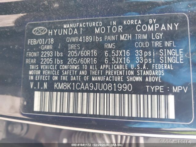 KM8K1CAA9JU081990 Hyundai Kona Se