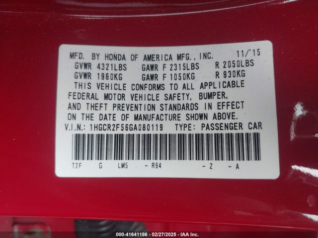 1HGCR2F56GA080119 Honda Accord Sport