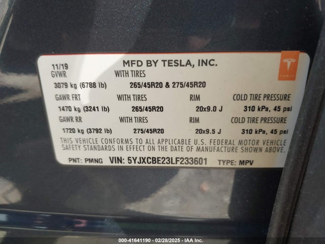 2020 TESLA MODEL X 5YJXCBE23LF233601 Photo 8