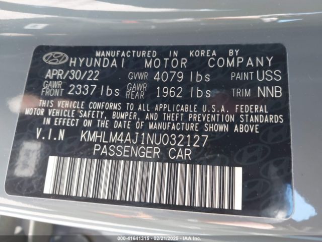 KMHLM4AJ1NU032127 Hyundai Elantra Hybrid Blue