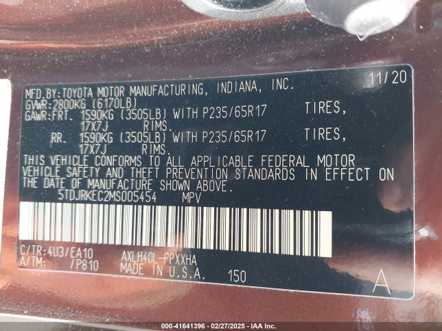 5TDJRKEC2MS005454 Toyota SIENNA XLE