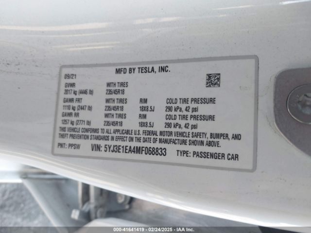 2021 TESLA MODEL 3 5YJ3E1EA4MF068833 Photo 8