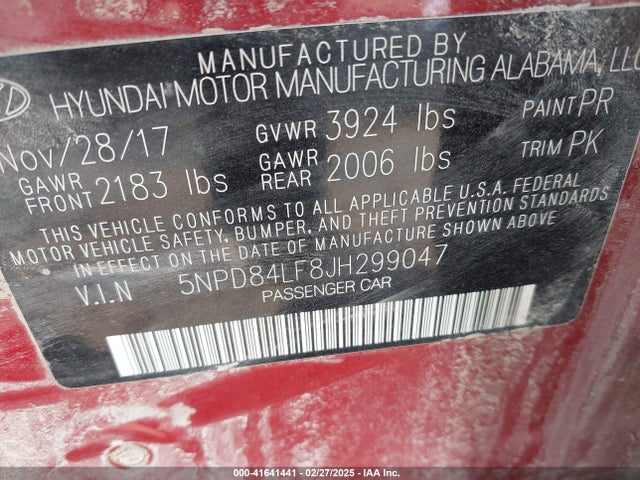 5NPD84LF8JH299047 Hyundai ELANTRA SEL