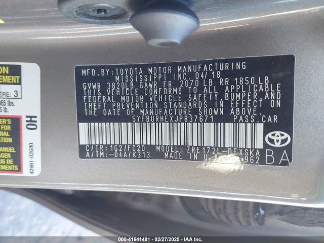 Toyota COROLLA SE 2018 5YFBURHEXJP837671 Image 9