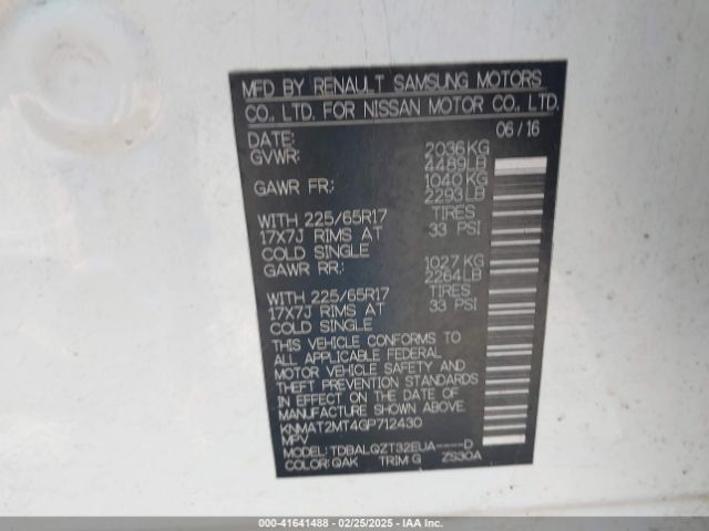 KNMAT2MT4GP712430 Nissan Rogue S/sl/sv