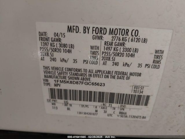 1FM5K8D87FGC65623 Ford EXPLORER XLT