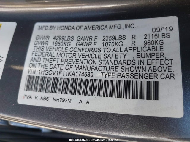 Honda ACCORD LX 2019 1HGCV1F11KA174680 Image 9