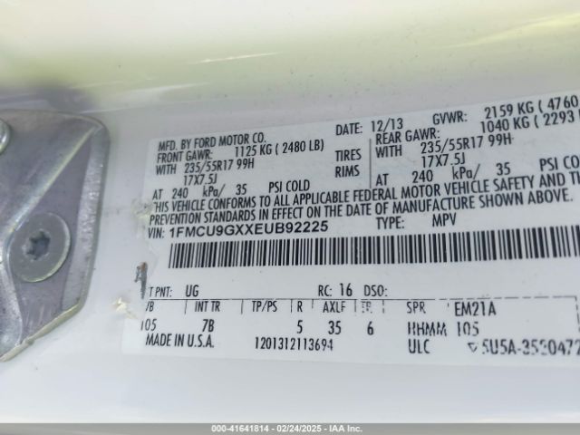 1FMCU9GXXEUB92225 Ford ESCAPE SE