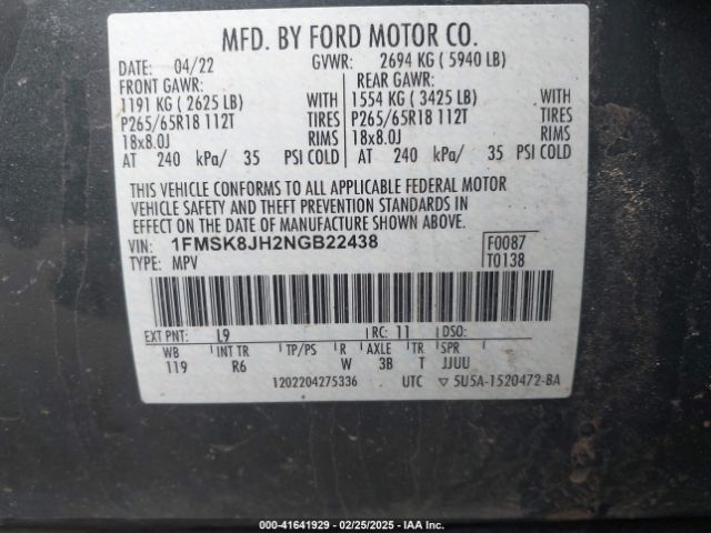 1FMSK8JH2NGB22438 Ford Explorer Timberline