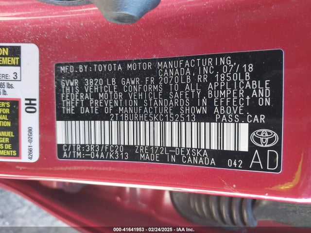 2T1BURHE5KC152513 Toyota COROLLA SE
