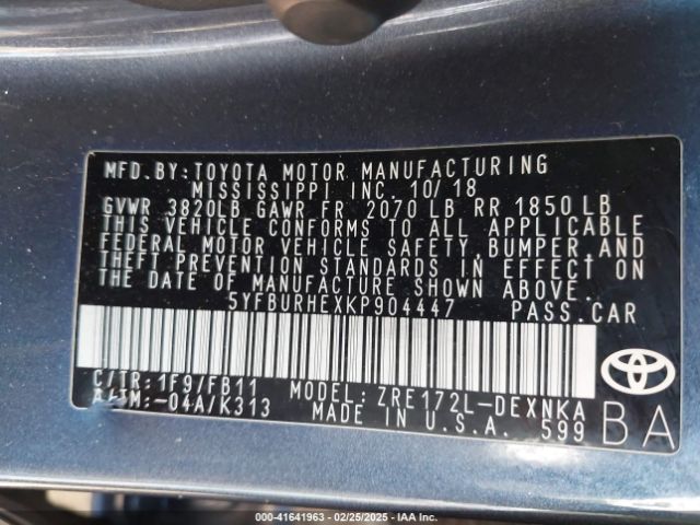 5YFBURHEXKP904447 Toyota COROLLA LE