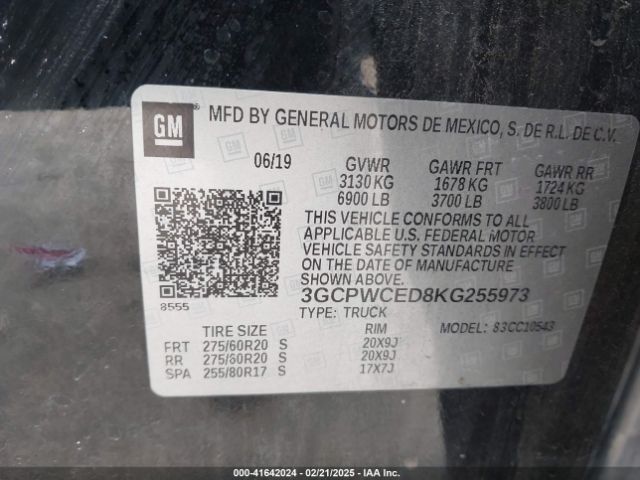 3GCPWCED8KG255973 Chevrolet Silverado 1500 Lt