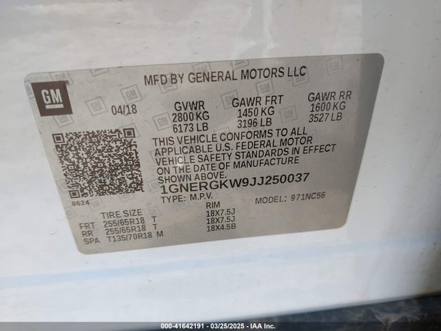 1GNERGKW9JJ250037 Chevrolet Traverse 1lt