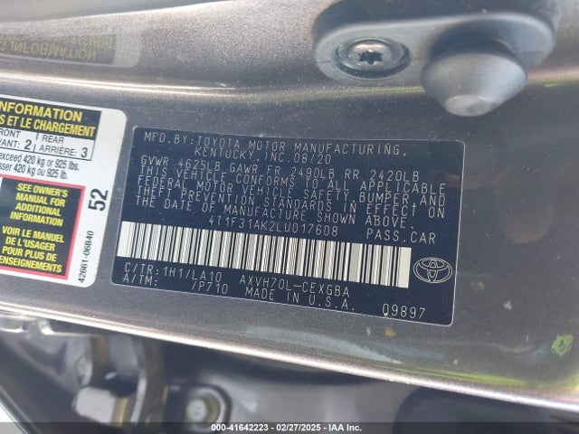 4T1F31AK2LU017608 Toyota Camry Xle Hybrid