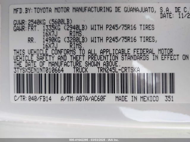 3TYSX5EN1NT010664 Toyota Tacoma Sr