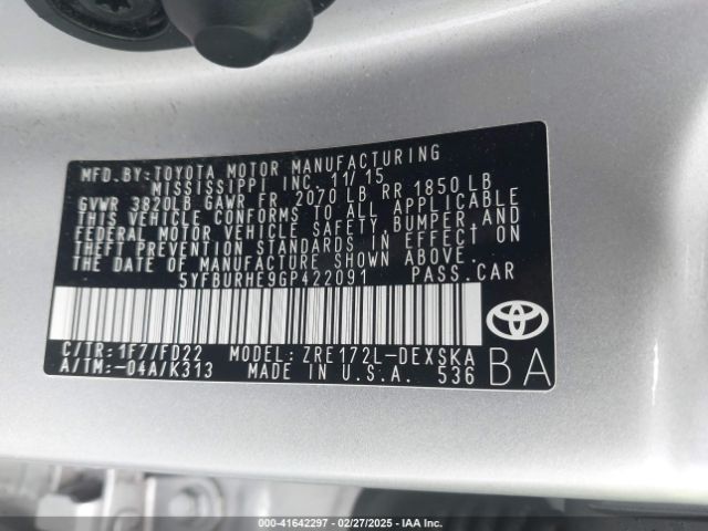 5YFBURHE9GP422091 Toyota Corolla S Plus