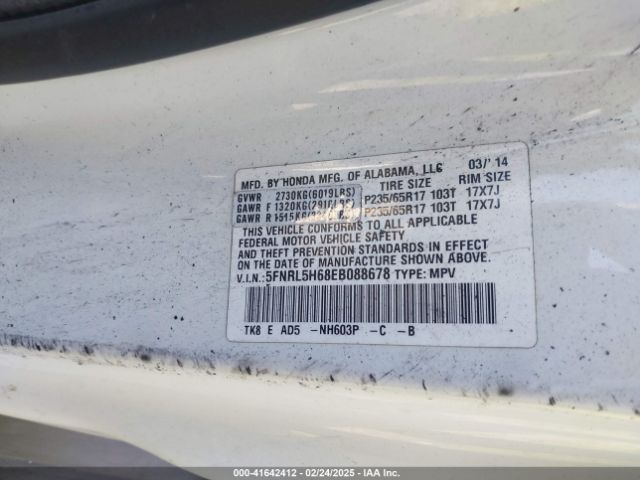 5FNRL5H68EB088678 Honda Odyssey Ex-l