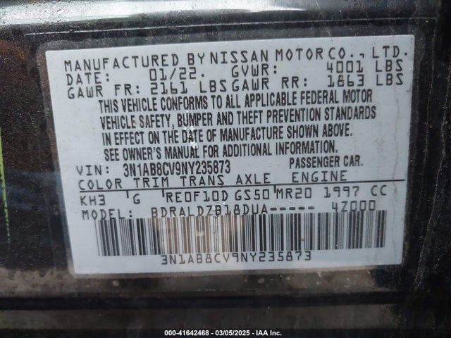 3N1AB8CV9NY235873 Nissan Sentra Sv Xtronic Cvt
