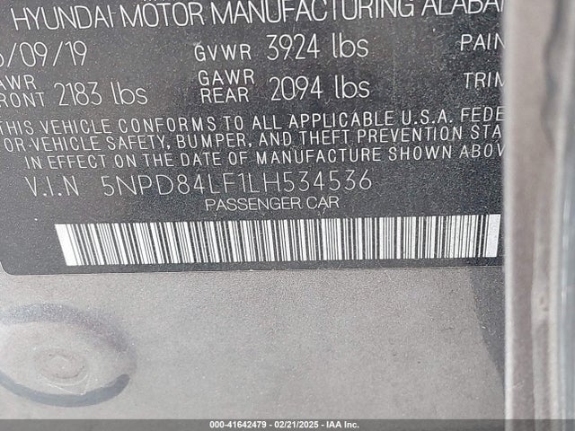 5NPD84LF1LH534536 Hyundai ELANTRA SEL