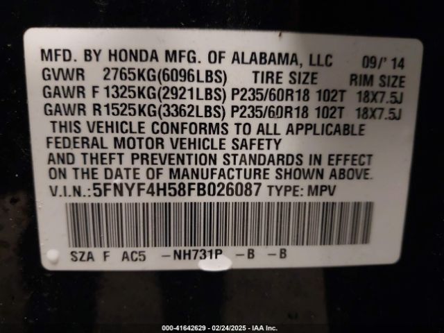 5FNYF4H58FB026087 Honda Pilot Ex-l