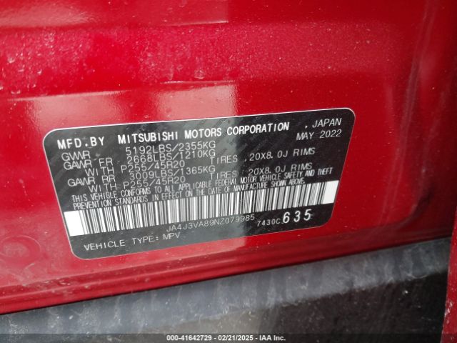 JA4J3VA89NZ079985 Mitsubishi Outlander Sel 2.5 2wd/sel Special Edition