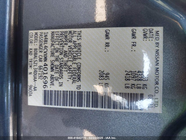 1N4BL4CVXMN401696 Nissan Altima Sr Fwd