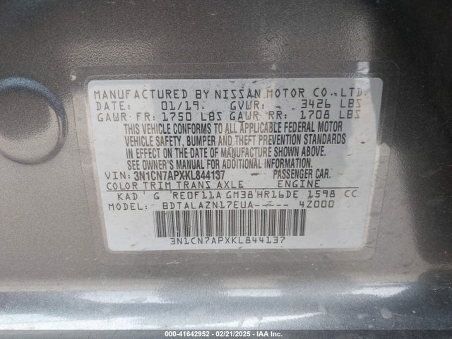 3N1CN7APXKL844137 Nissan Versa 1.6 S+