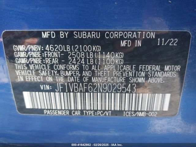 JF1VBAF62N9029543 Subaru Wrx Premium