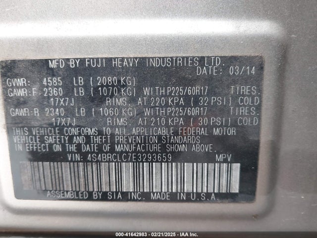 Subaru Outback 2.5i Limited 2014 4S4BRCLC7E3293659 Image 9