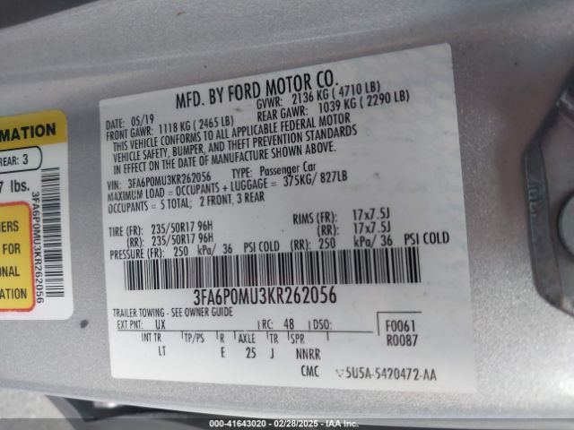 3FA6P0MU3KR262056 Ford Fusion Hybrid Sel