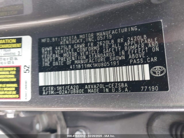 4T1B11HK1KU805191 Toyota CAMRY SE