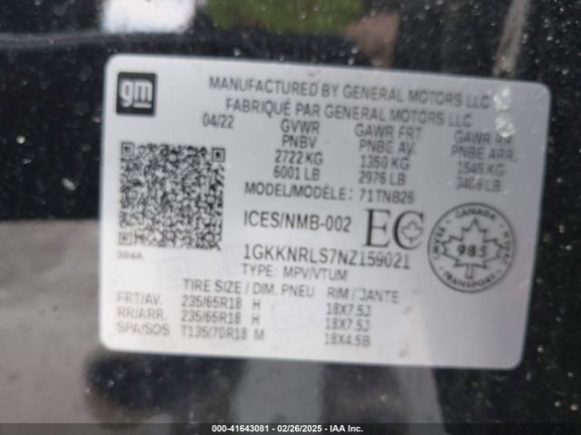 1GKKNRLS7NZ159021 GMC ACADIA SLE